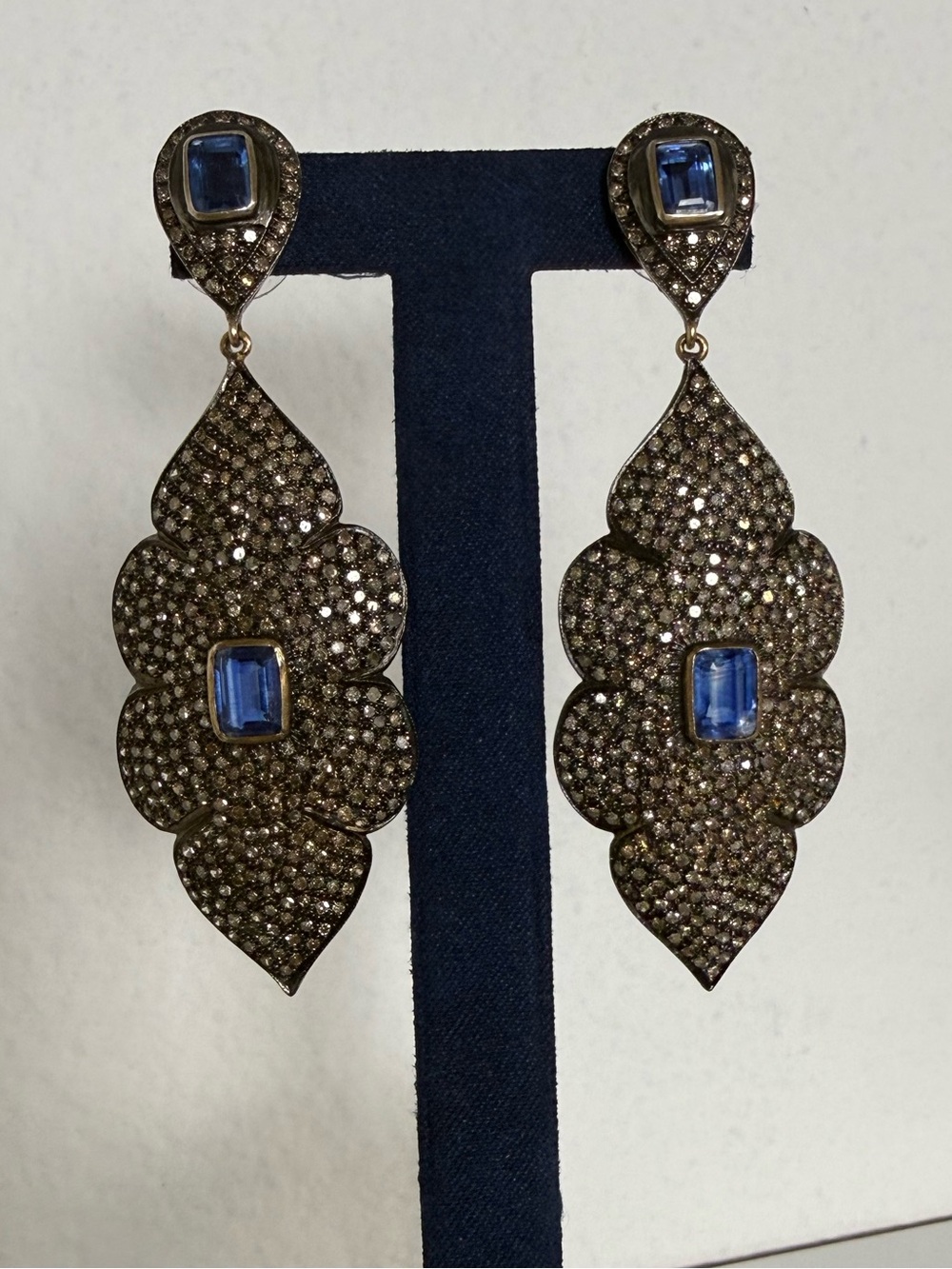 4 Carat Sapphire & 4 Carat Natural Diamond Antique Silver Statement Earrings